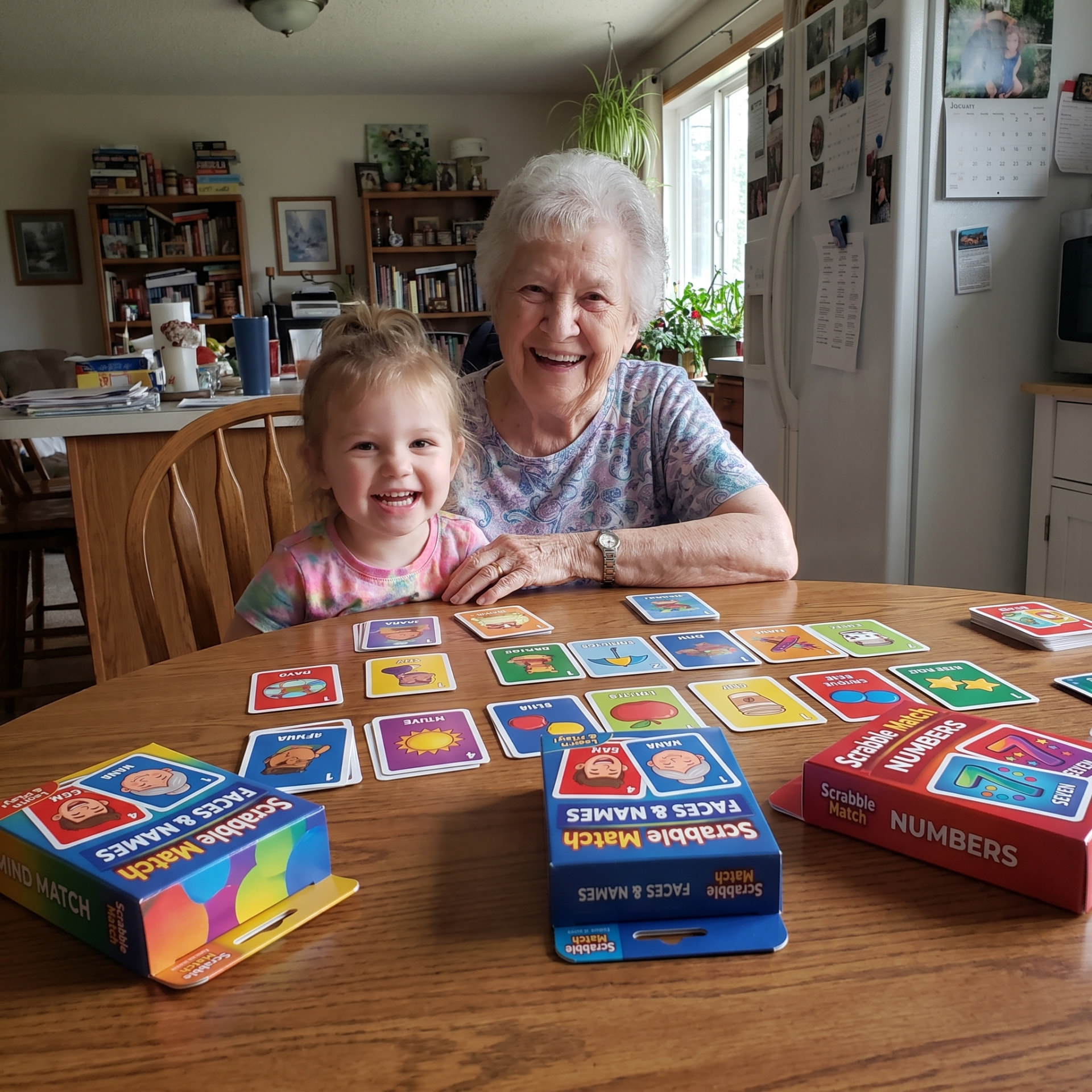 Grandmother and young child playing Scrabble Match cards together at a table