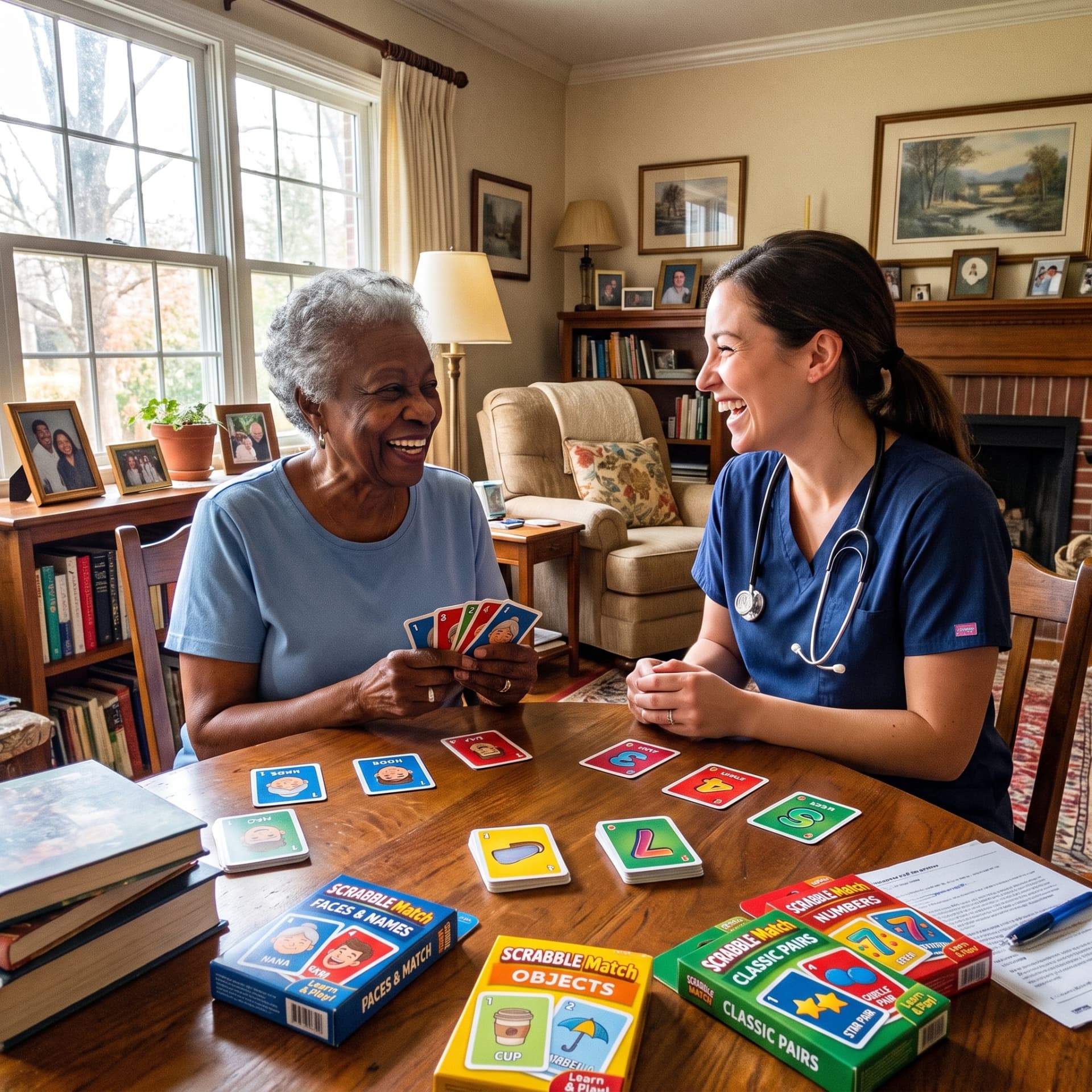 Caregiver playing Scrabble Match cards with an elderly woman at a living room table