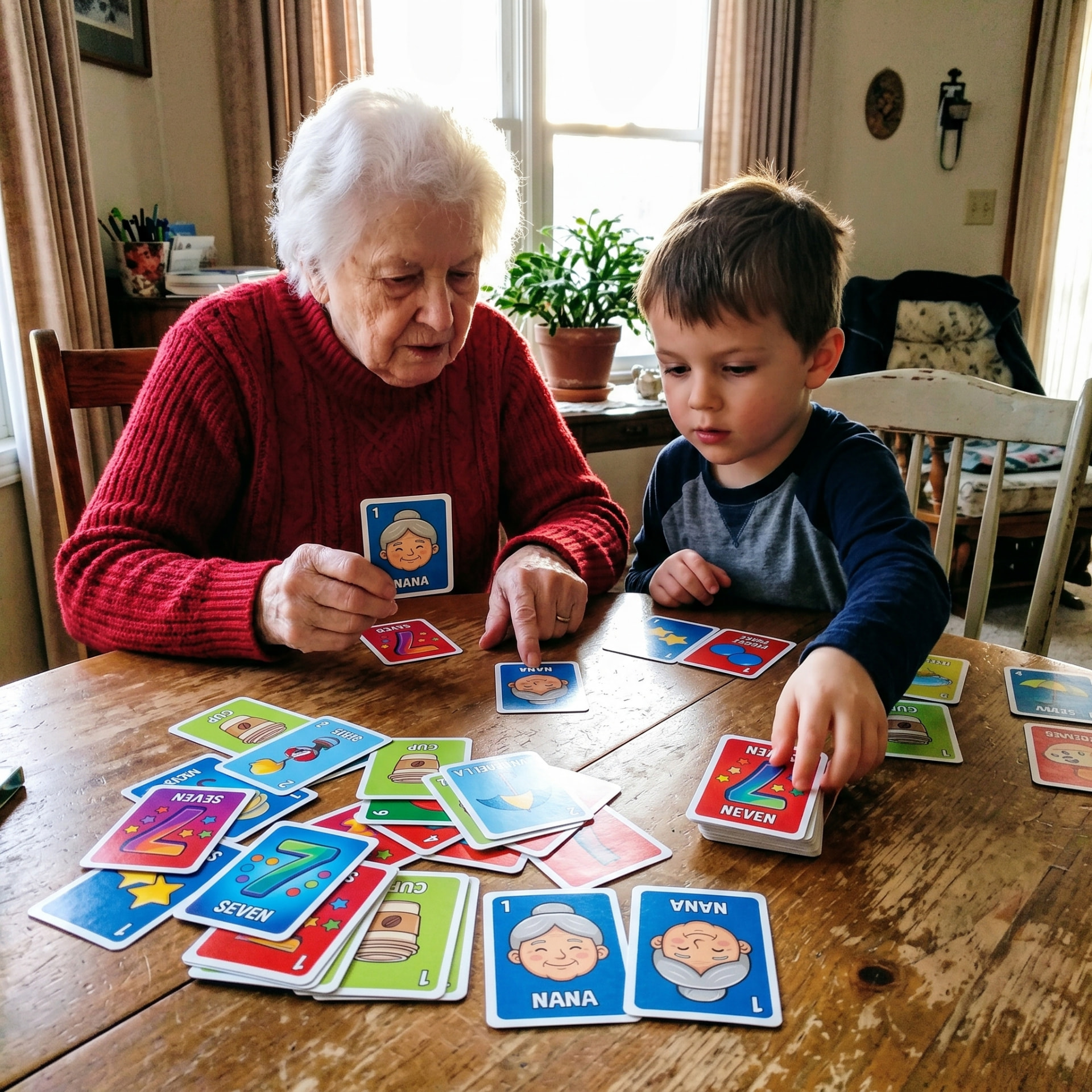 Elderly woman playing cards with her young grandson