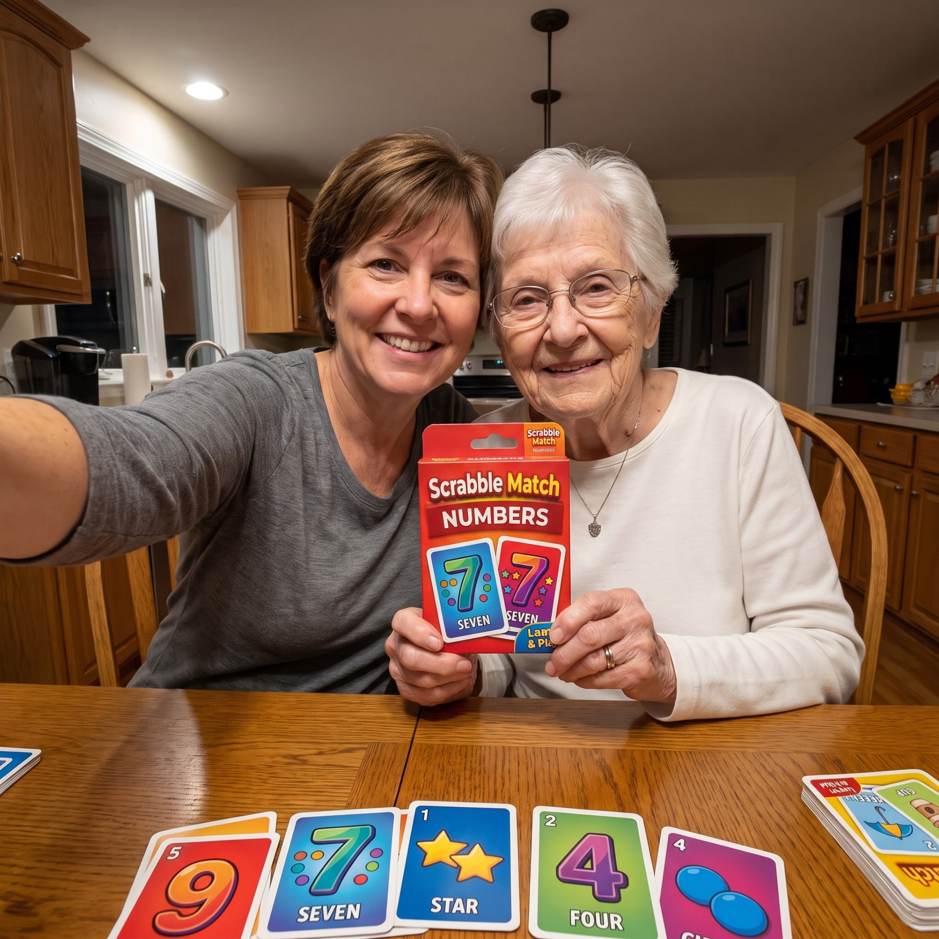 Daughter and mother smiling while holding the Scrabble Match Numbers box