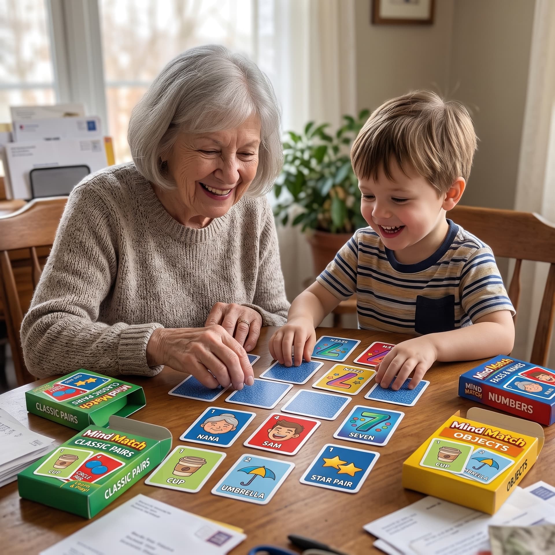 Grandmother and grandson playing Mind Match cards at the table