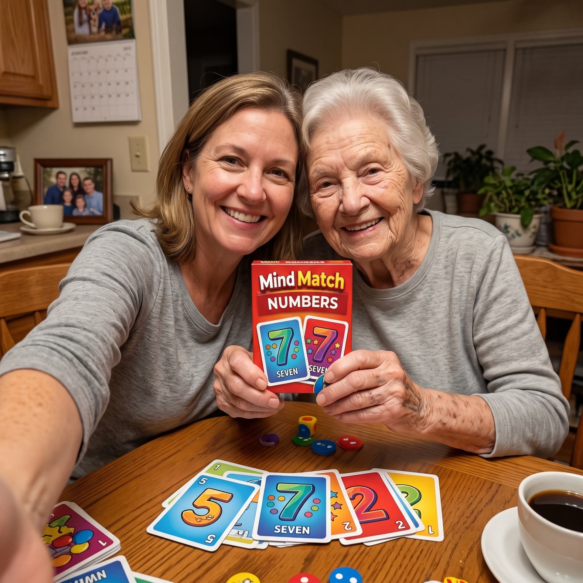 Daughter and mother smiling while holding the Mind Match Numbers box