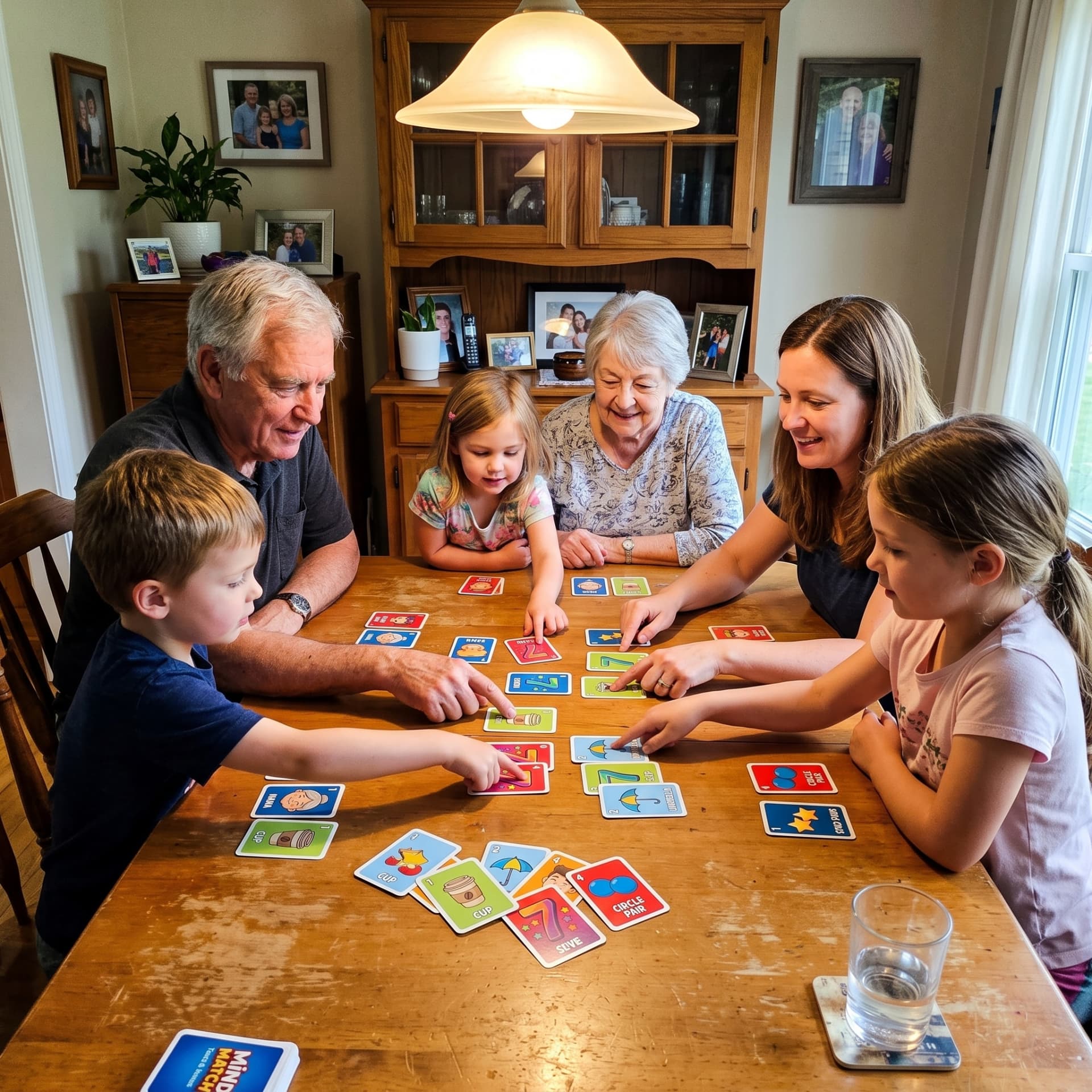 Multigenerational family playing memory cards at a table