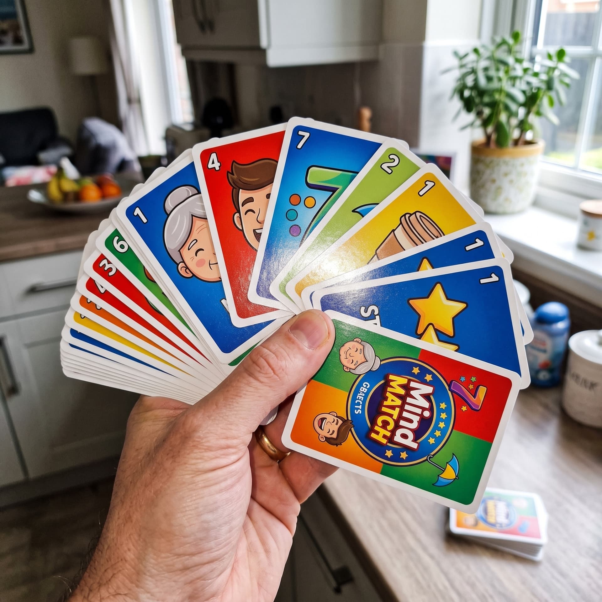 Hand holding a fan of colorful Mind Match cards in a kitchen