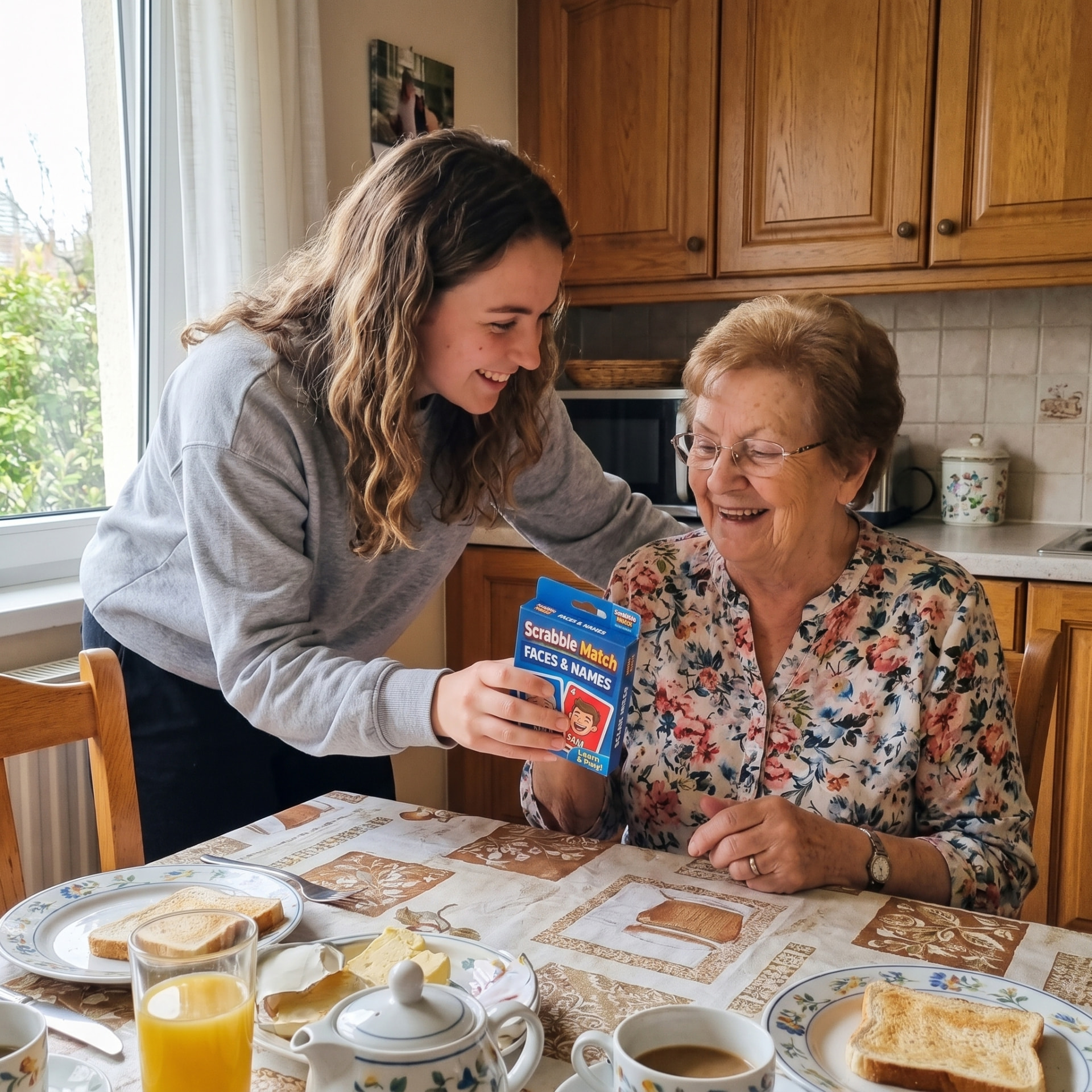 Young woman showing the Scrabble Match Faces & Names box to her grandmother