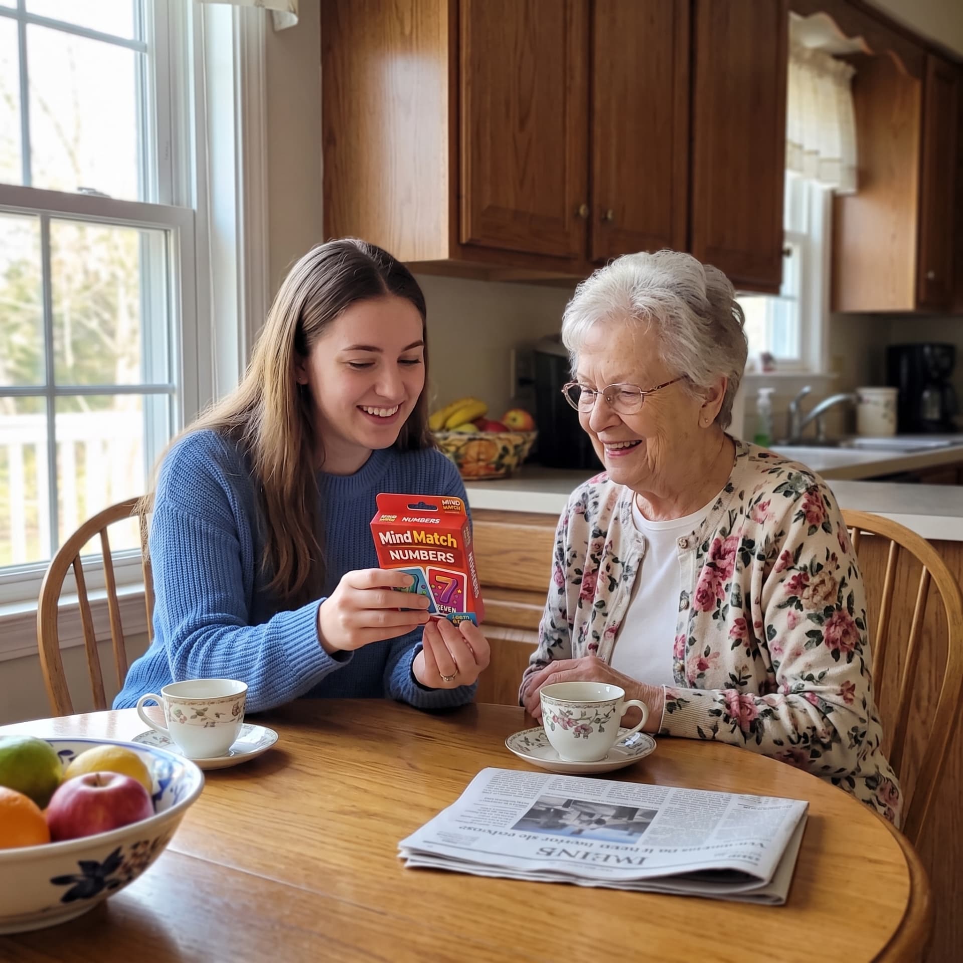 Young woman showing the Mind Match Numbers box to her grandmother